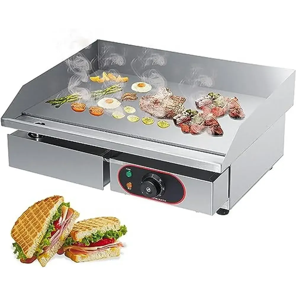 

Commercial Stainless Steel Electric Countertop Grill 2.2KW Adjustable Temp Restaurant Griddle Pan Vegetables Fish Steak Pancakes