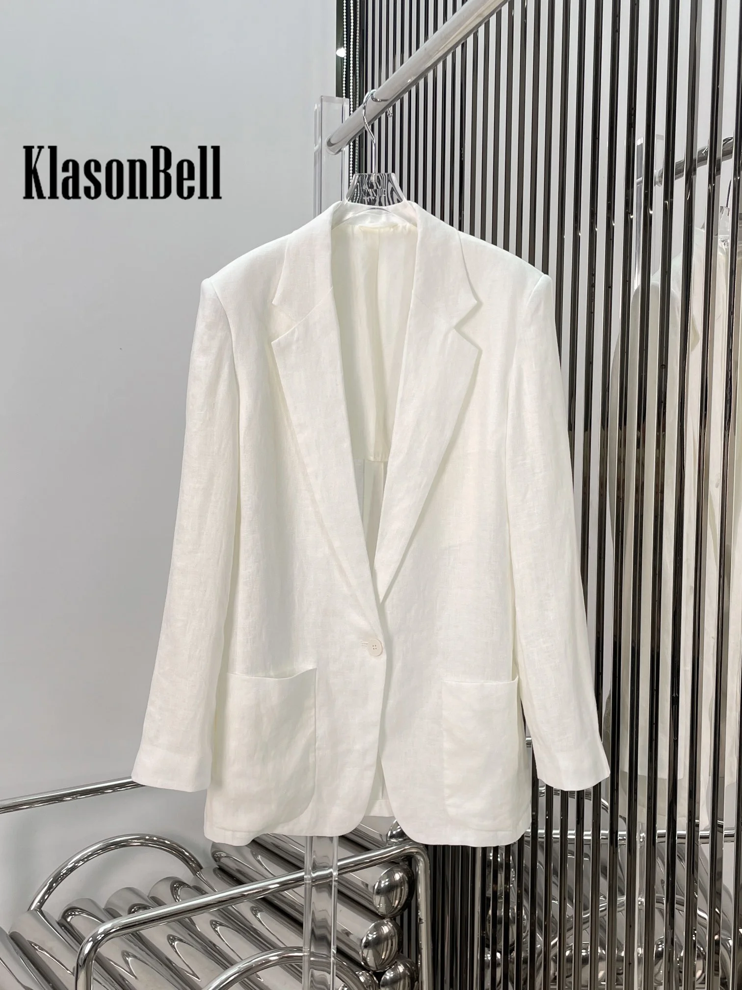 7.21 KlasonBell Women Temperament Simple Linen Thin Suit Single Button Split Blazer Or Straight Wide Leg Pants Set