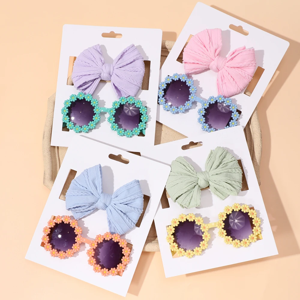 2Pcs Children Kids Girls Boys Glasses Headband Set  Sunflower Sunglasses Matching Elastic Soft Bow Hair Band 6 Colors