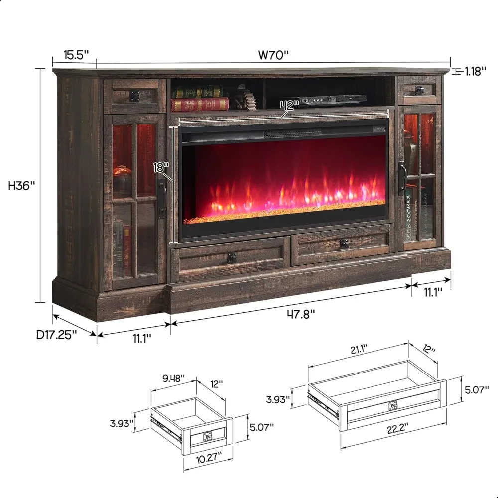 حامل تلفزيون RedLemon Farmhouse Fireplace لتلفزيون 80 بوصة، 36 مركز ترفيه طويل القامة مع 42 مدفأة كهربائية كريستالية، متوسط حديث