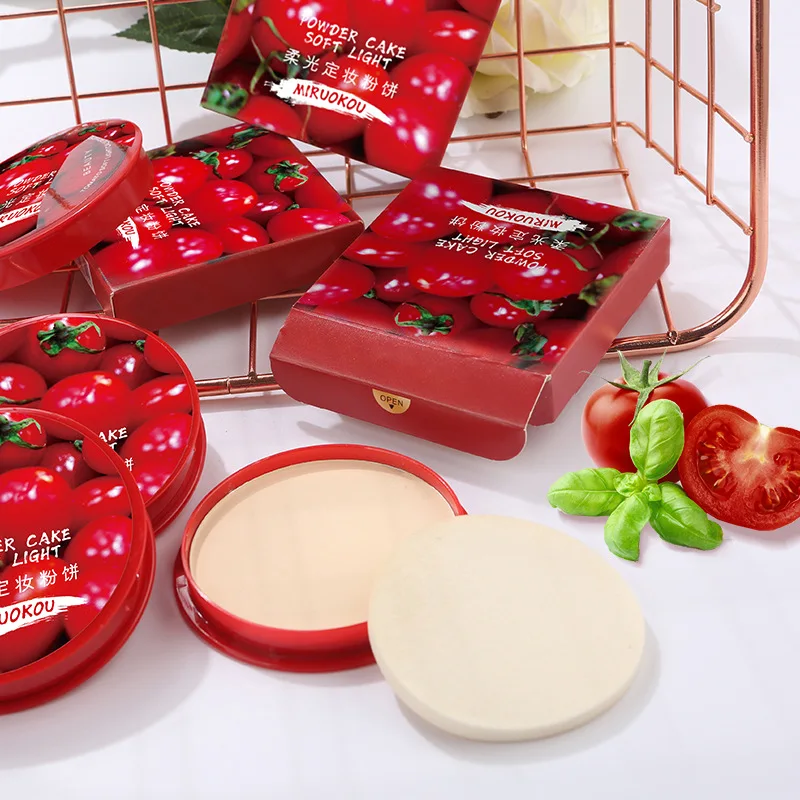 Red Tomato Setting Powder Oil Control Makeup Setting Brightening Skin Tone Setting Powder with Mirror Compact Makeup Powder Tool