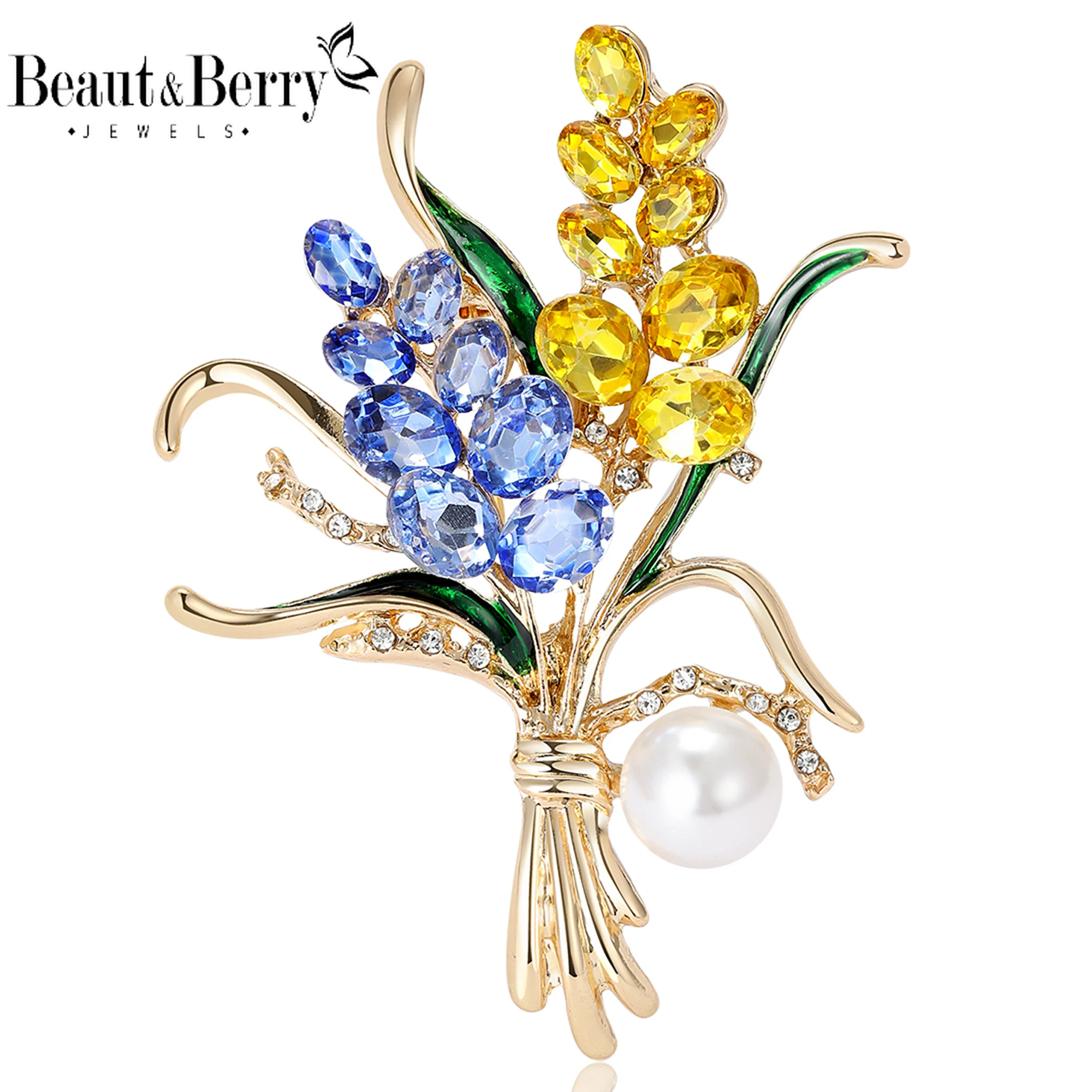 Beaut&Berry Trendy Rhinestone Ear of Wheat  Brooches for Women Unisex Plant Pins Casual Party Accessories New Year Gifts Friends