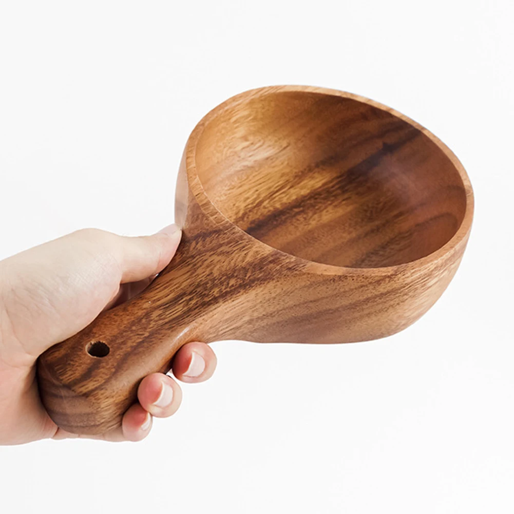Wooden Serving Bowl 29x18x5cm Handmade Salad Fruit Soup Dish With Handle Brown Natural Material For Picnic Family Dinner Party