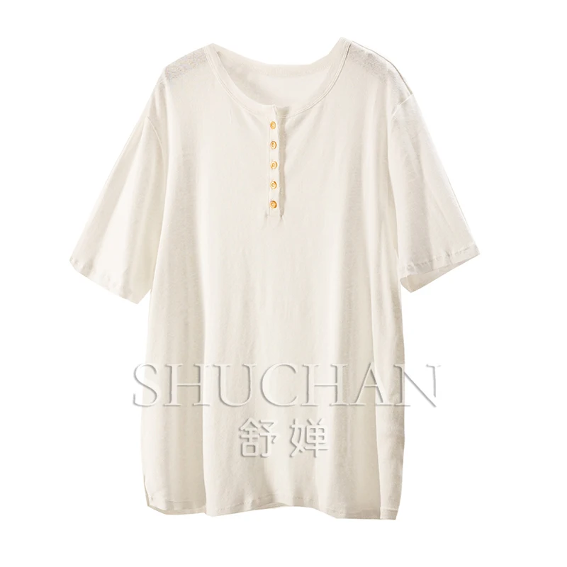

Simple Wear, Foreign Trade D100 Cotton Loose Arc Pendulum Rough Edge Short-sleeved T-shirt Women's 99A8
