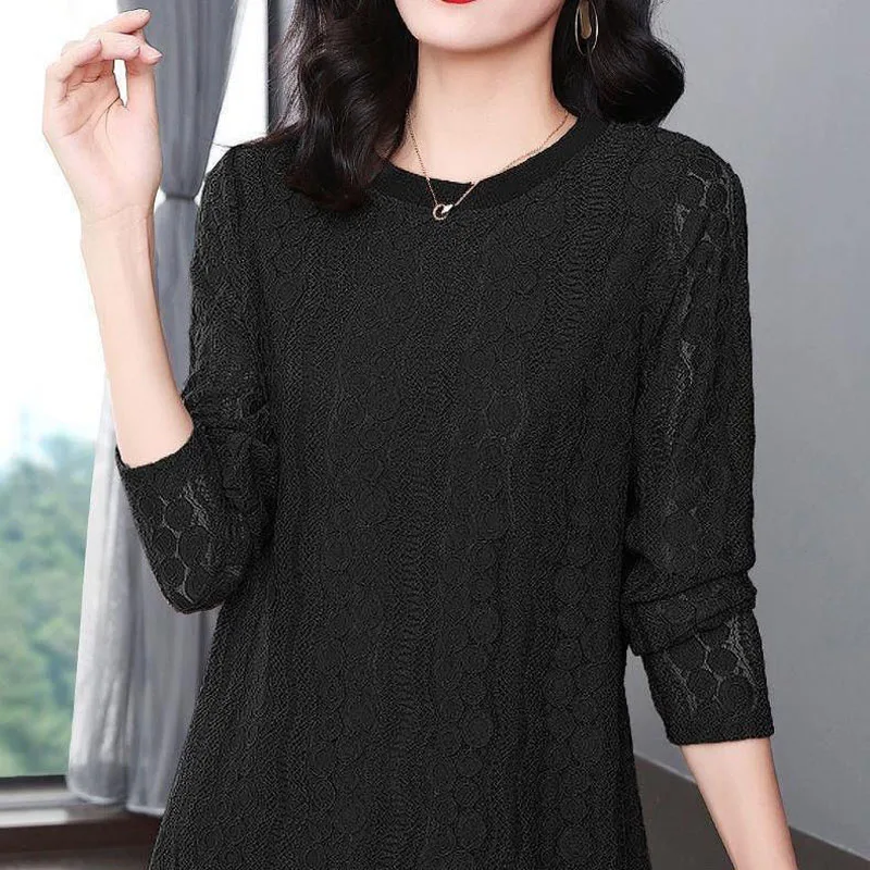 Elegant Fashion Spring Summer New Lace Solid Color Blouse Female Clothing Vintage Casual Hollow Out O-Neck Long Sleeve Shirt