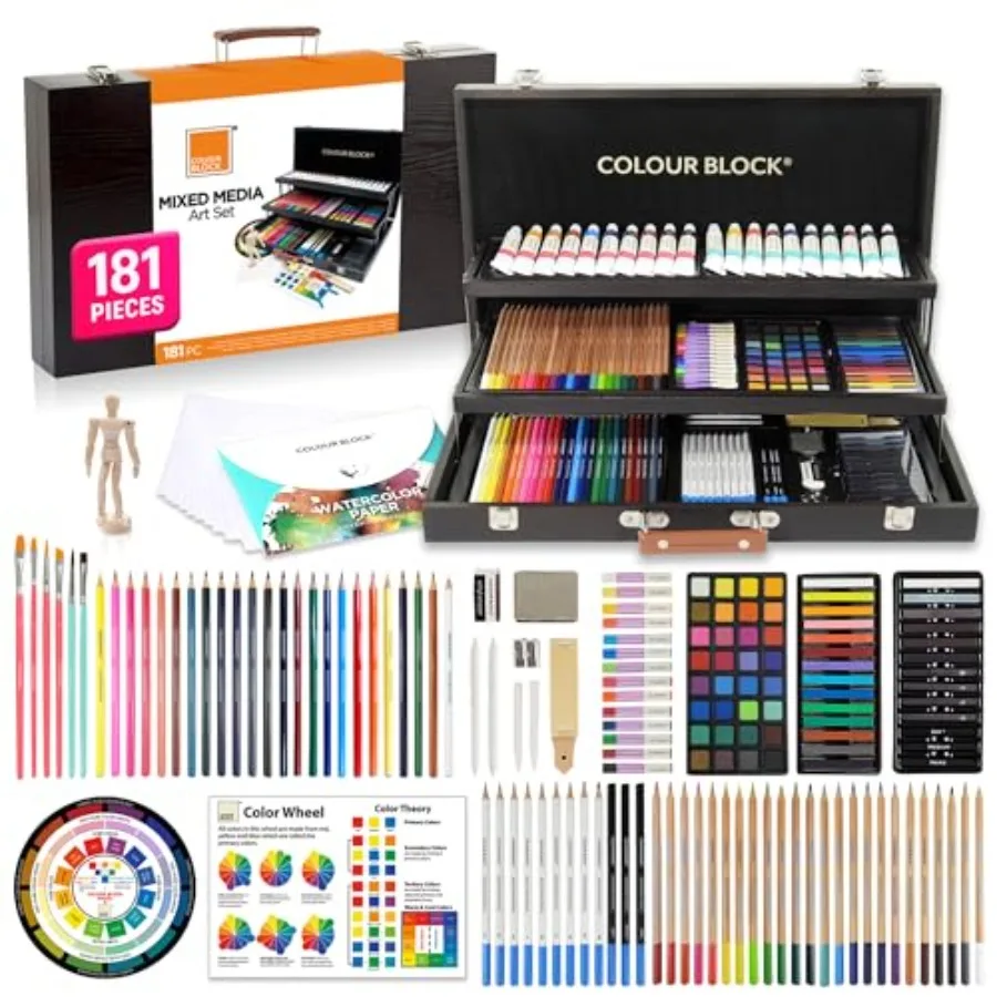 

181-Piece Mixed Media Art Set in Wooden Case for Drawing Sketching Painting Soft Oil Pastels Acrylic Watercolor Paints Pencils