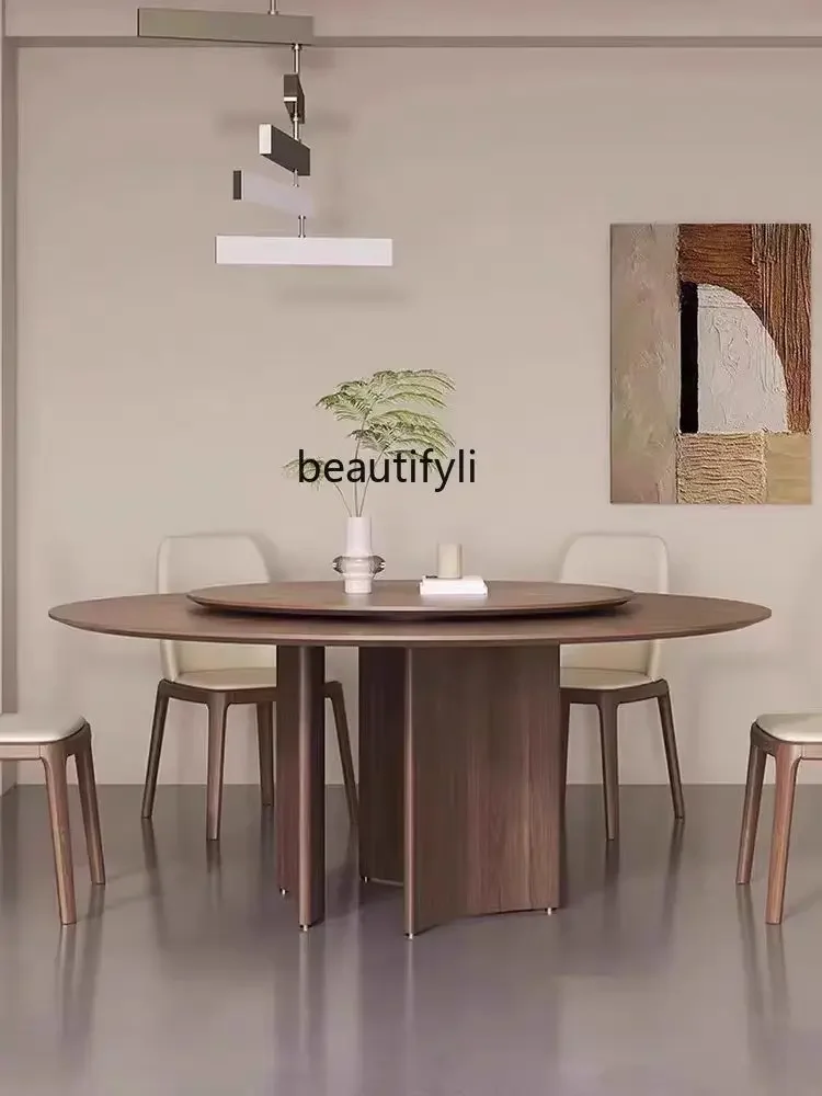 

Retro solid wood round dining table and chairs for home use in small apartments with turntable round dining table