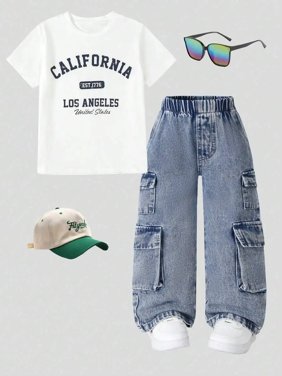 

Джинсы-карго свободного кроя для мальчиков, винтажный выстиранный деним, уличный стиль