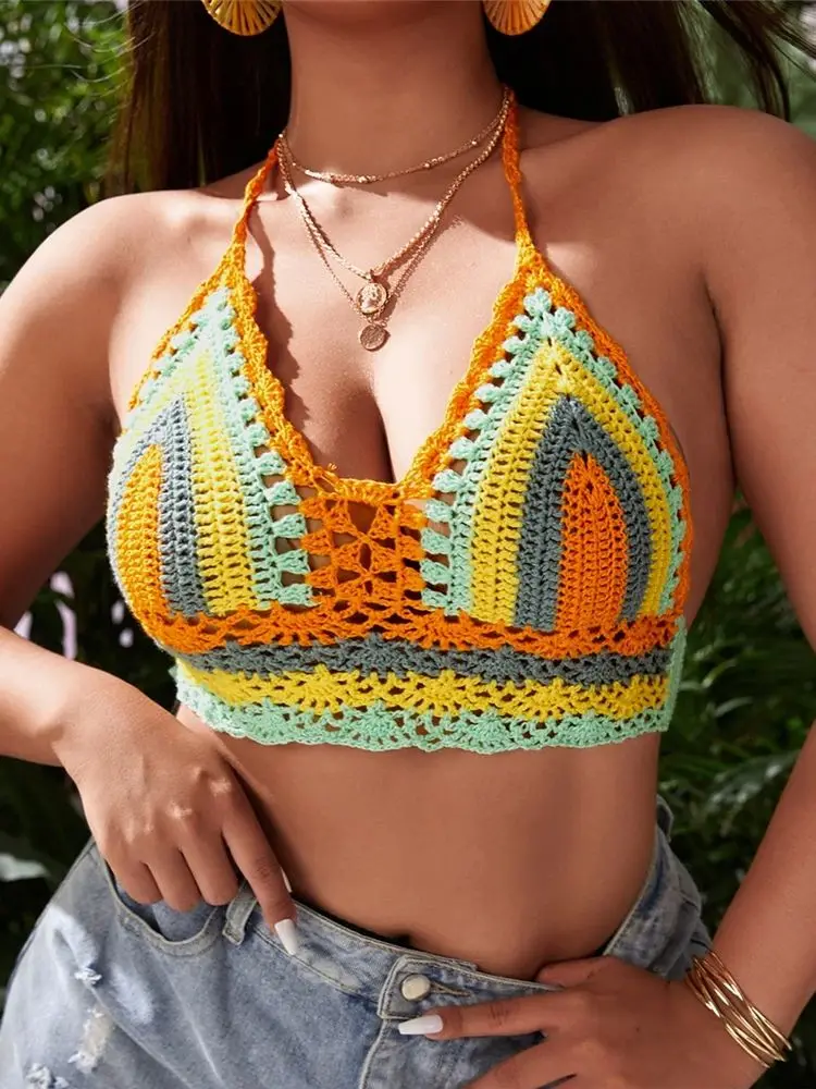 Plus Size Crochet Bikini Sets Multi Color Knitted Rainbow Striped Off Shoulder Top + Bottom Bikini Beachwear Beach Swimwear