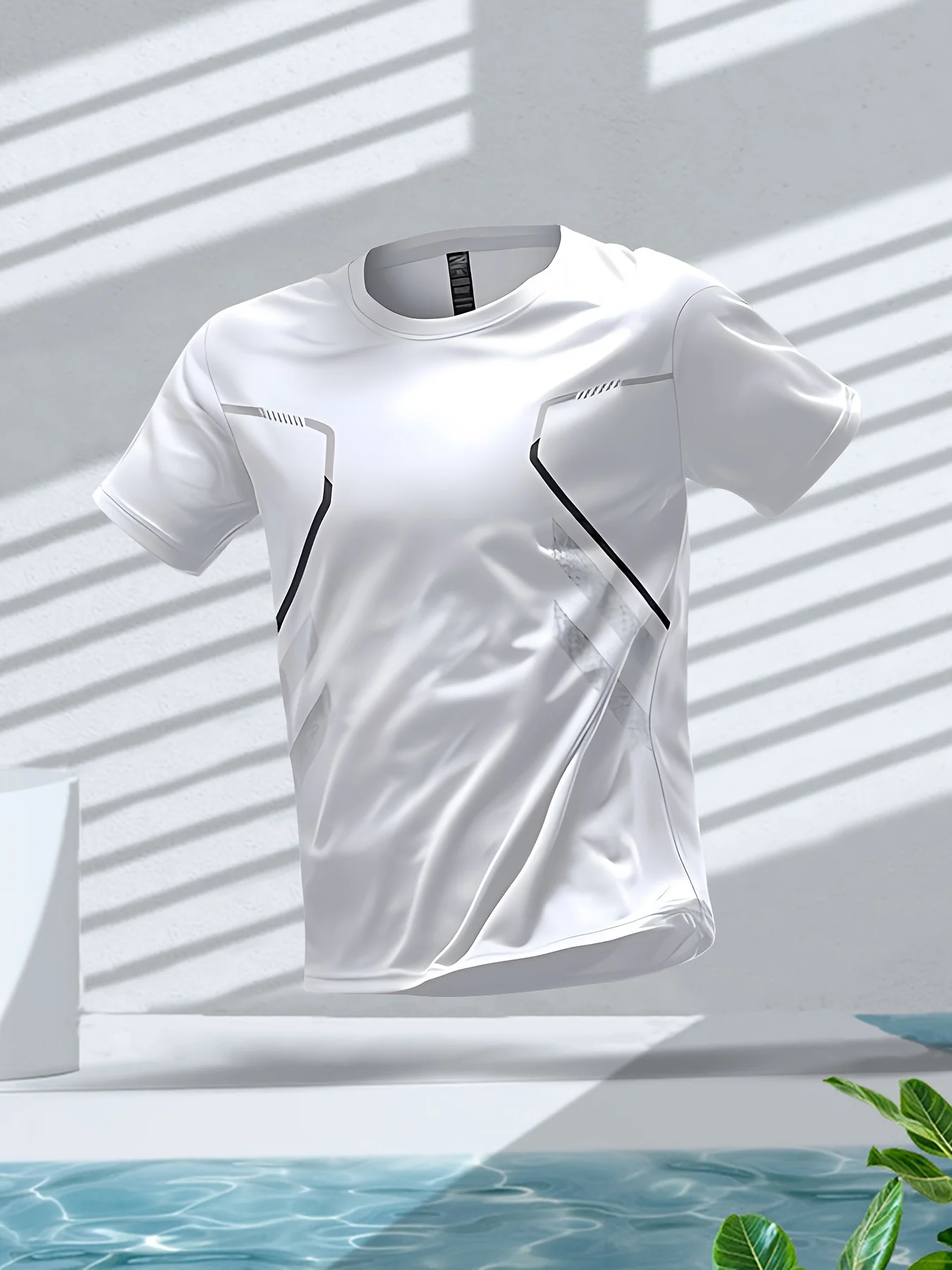 Men Quick Dry High Elastic Sport T Shirt Gray V-neck Thin Line Geometric Print Breathable Running Fitness Top