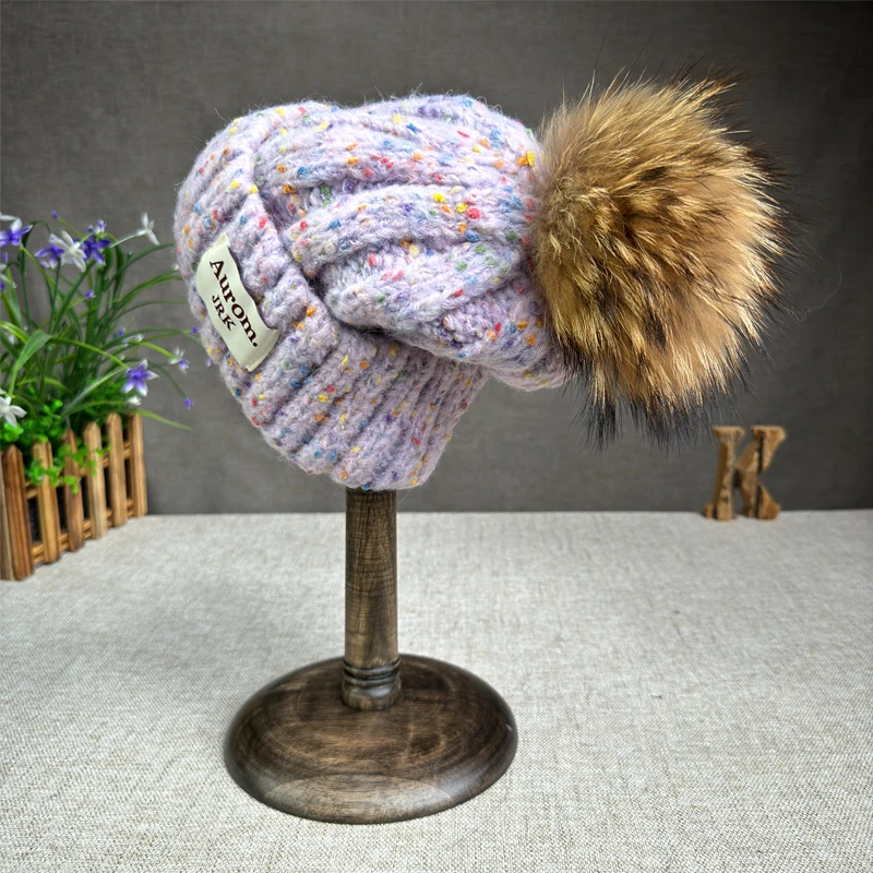 2024 New Fashion Natural fur pompom hat for women High quality mix-Color Beanies Winter Hats for women Warm Female beanies