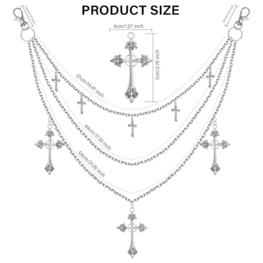 Pants Chain Waist Chain, 3 Layered Silver Cross Punk Chain Belt, Hiphop Gothic Jeans Chain Streetwear Accessories view 2