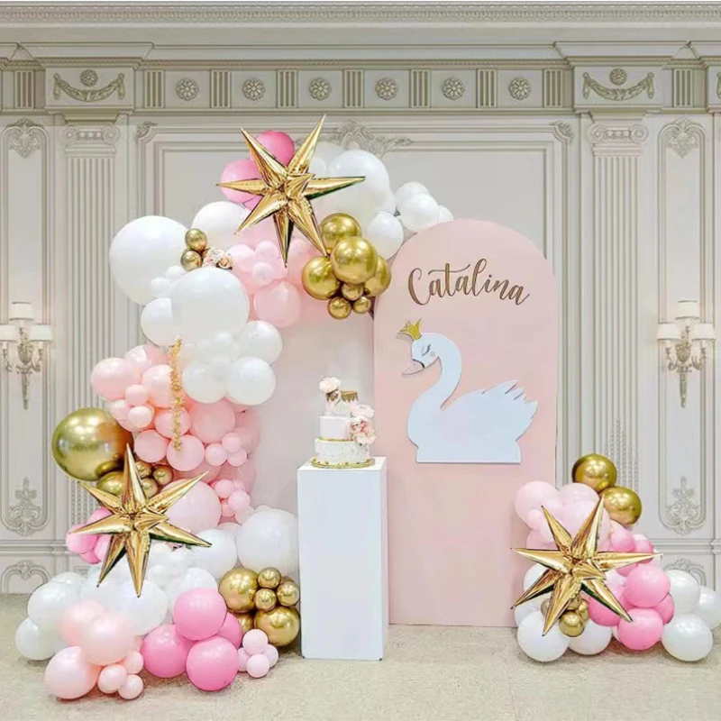 Pink and White Gold Balloon Wreath Kit 140 Pieces, With Large Gold Starburst Balloon Set