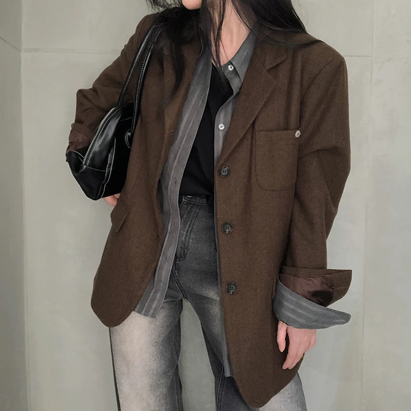 

Винтажный блейзер, женский элегантный пиджак с длинными рукавами, корейское пальто с карманами, осеннее офисное женское однобортное пальто