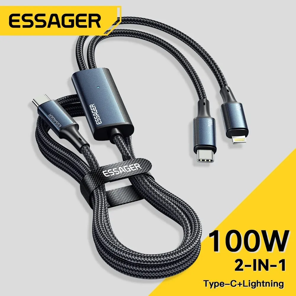 Essager 2 in 1 100W 5A Fast Charging USB Type C Cable for iPhone Charging Cable for Samsung Xiaomi Charger Cable