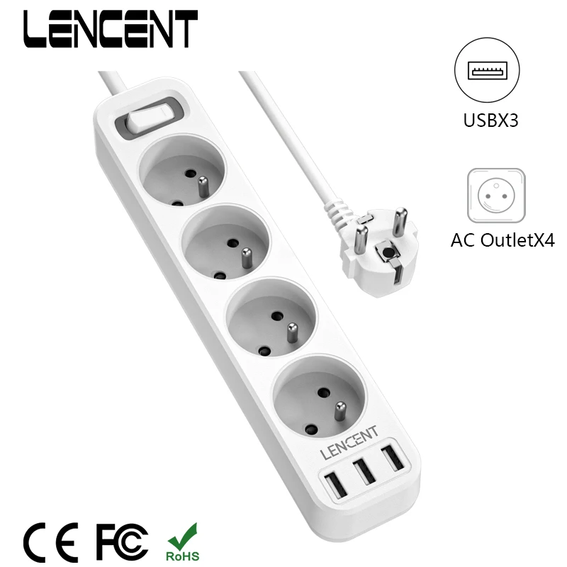 LENCENT Power Strip with 4 French Outlets &3 USB Ports Multiple Socket with On/Off Switch 1.5M Cable Socket for Home/Office