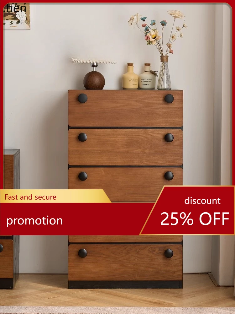 

CZ Vintage Style Solid Wood Five-Drawer Cabinet Bedside Storage Organizer Living Room Retro Drawer Entryway Cabinet