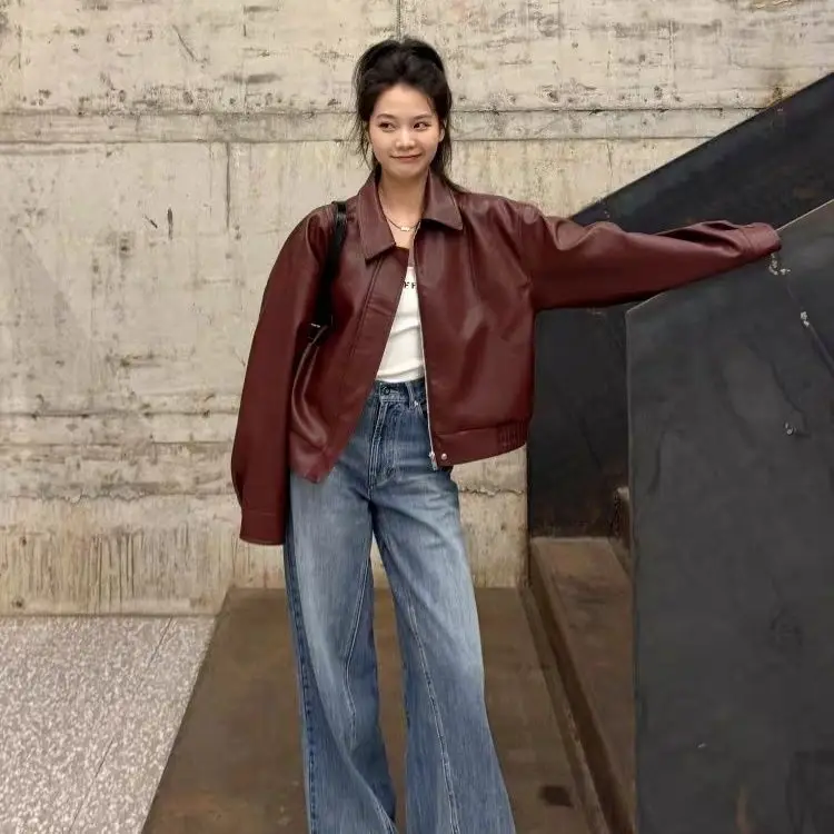 

Spring and Autumn New Women's Leather Jacket Commuter Loose PU Jacket