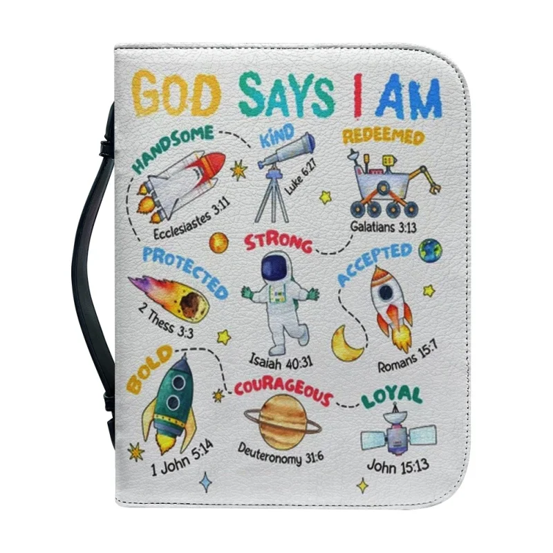 Galaxy Leader-Étui de couverture de la Bible personnalisé pour enfants, sacs à main en PU, livre d'étude, boîtes de rangement saintes pour enfants, impression de Dieu dit que je suis