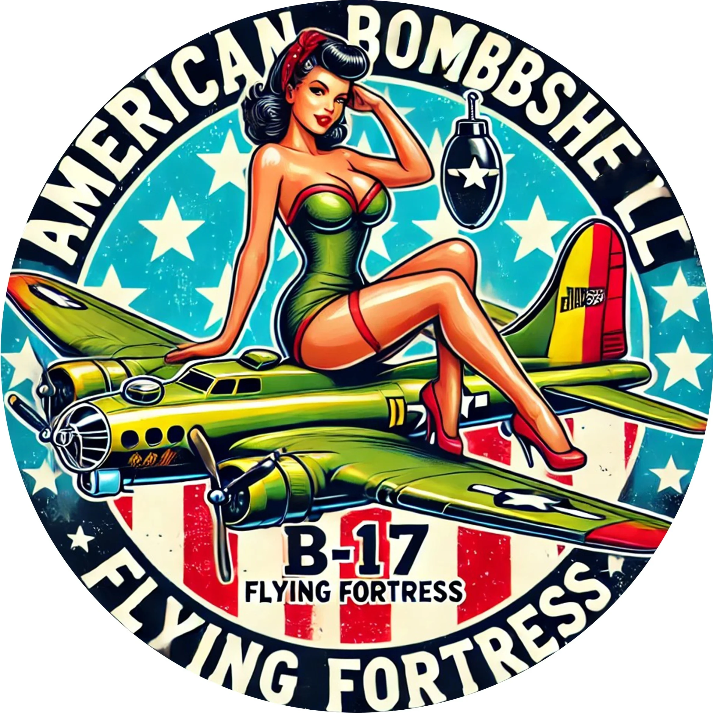 لافتة ألومنيوم دائرية كلاسيكية B-17 Flying Fortress - 20.32x20.32 سم ديكور حائط قديم مع تصميم العلم الأمريكي، متينة وE