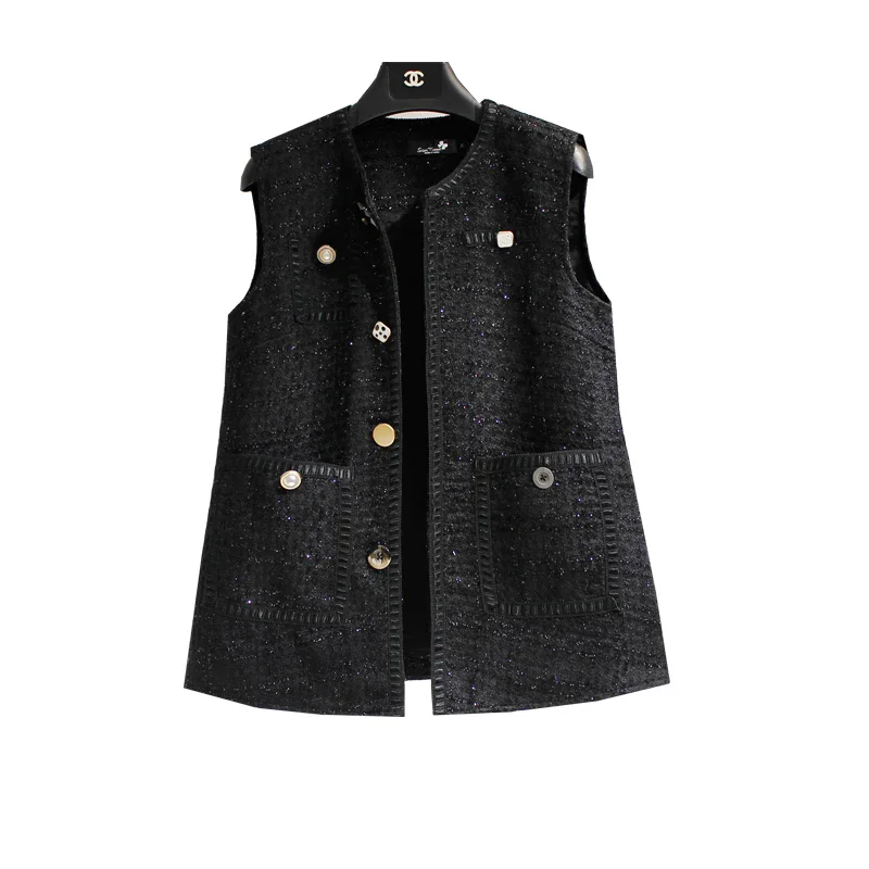 Autumn Winter 2025 V Neck Tweed Vest Women Vintage Elegant Loose Casual Sleeveless Jacket Tops French Style Chic Waistcoat