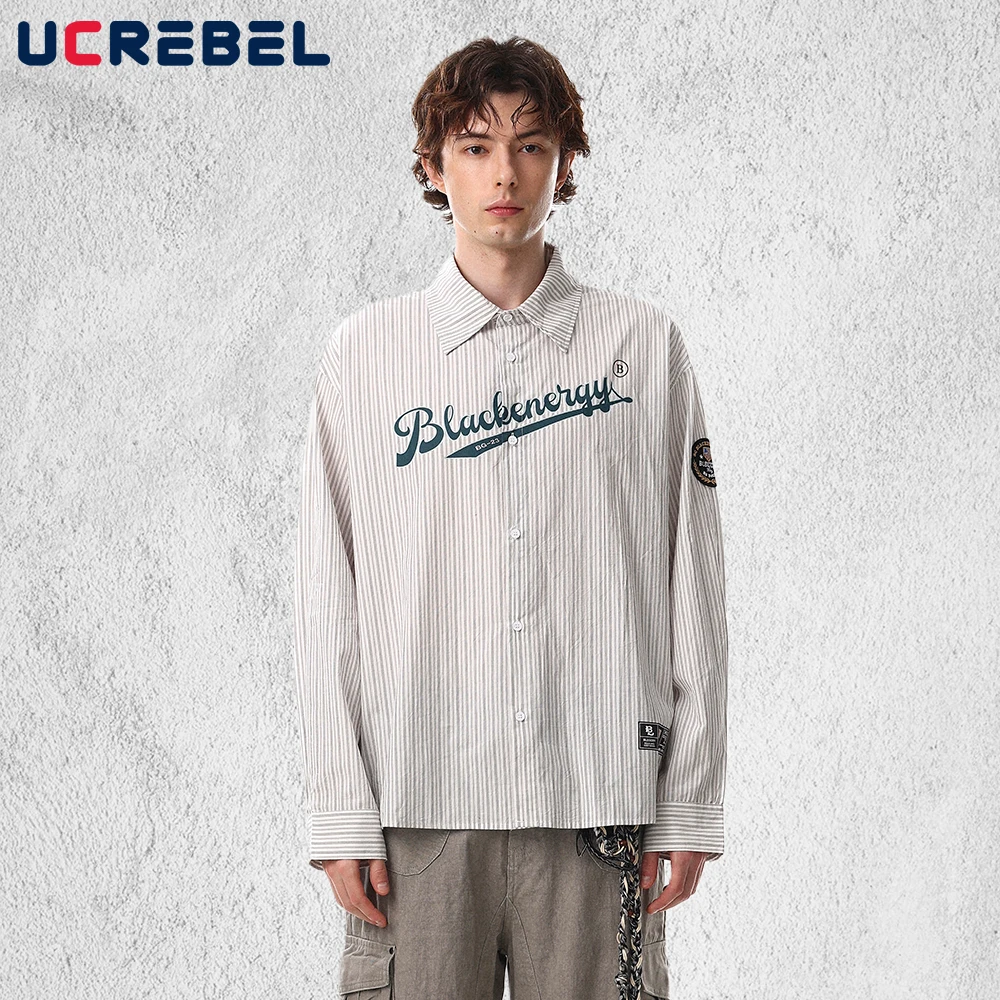 Letter Print Vertical Stripes Long Sleeve Shirts Mens Embroidery Spring Retro High Street Loose Single Breasted Lapel Shirts Man