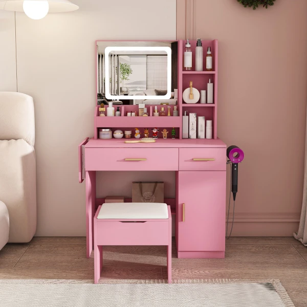 

Туалетный столик с LED-подсветкой зеркала и зарядной станцией, косметический столик с 3-мя розетками