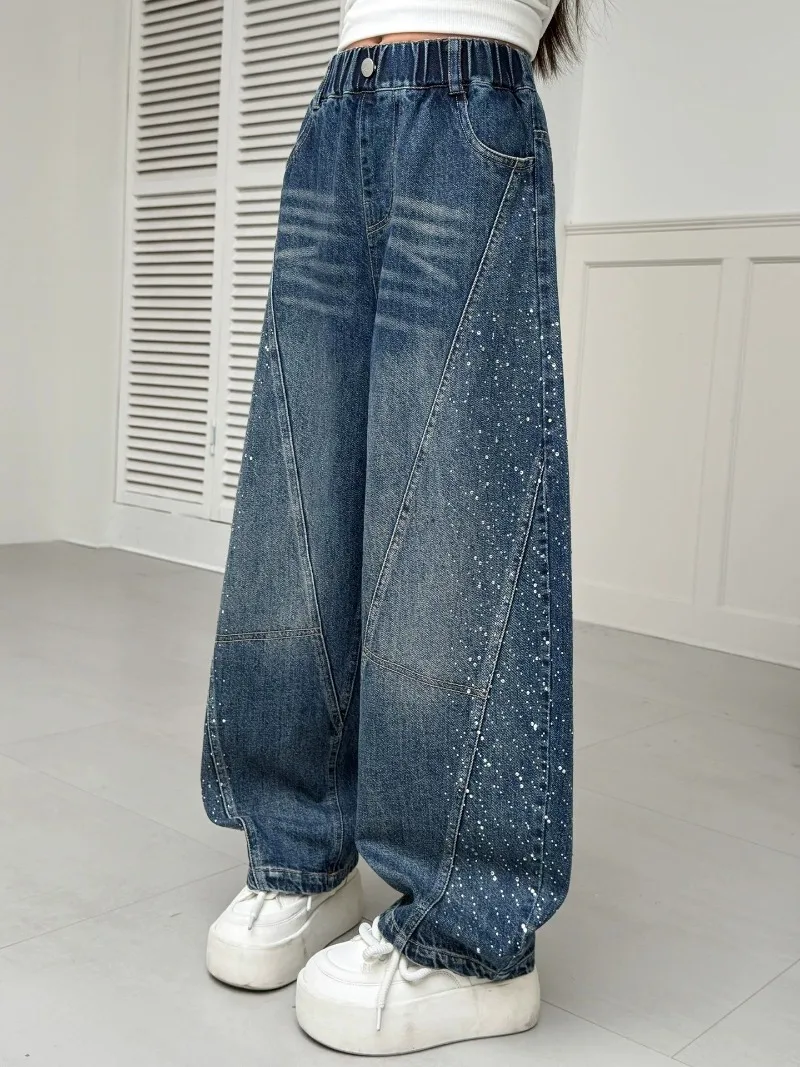 Kinder Mädchen Jeans UNITIM Herbst Junge Teenager Mädchen Glänzende Denim-Hosen Lose Elastische Taille Junior 4-14J Mädchen Weite Hosen – Detail 12