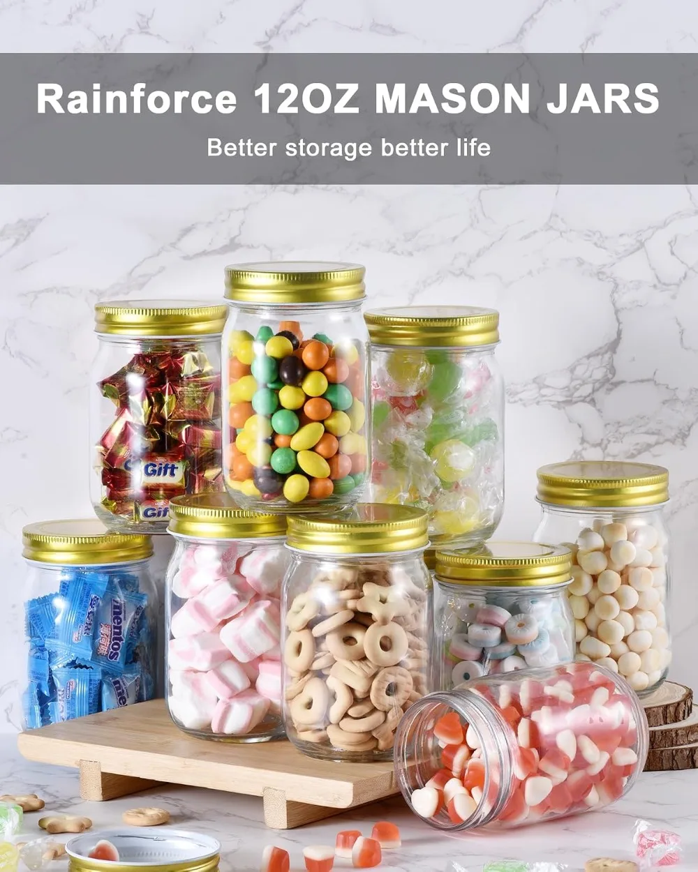20 Pack 12oz Glass Jars with Gold Lids & Chalkboard Stickers - Regular Mouth Mason Jars for Canning, Meal Prep, Crafts, and Food Storage