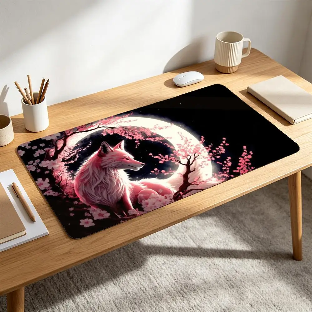 Mystical Sakura Moon Fox Art Large Desk Pad Graceful Spirit Fox Under Glowing Crescent Moon Surrounded By Pink Cherry Blossom