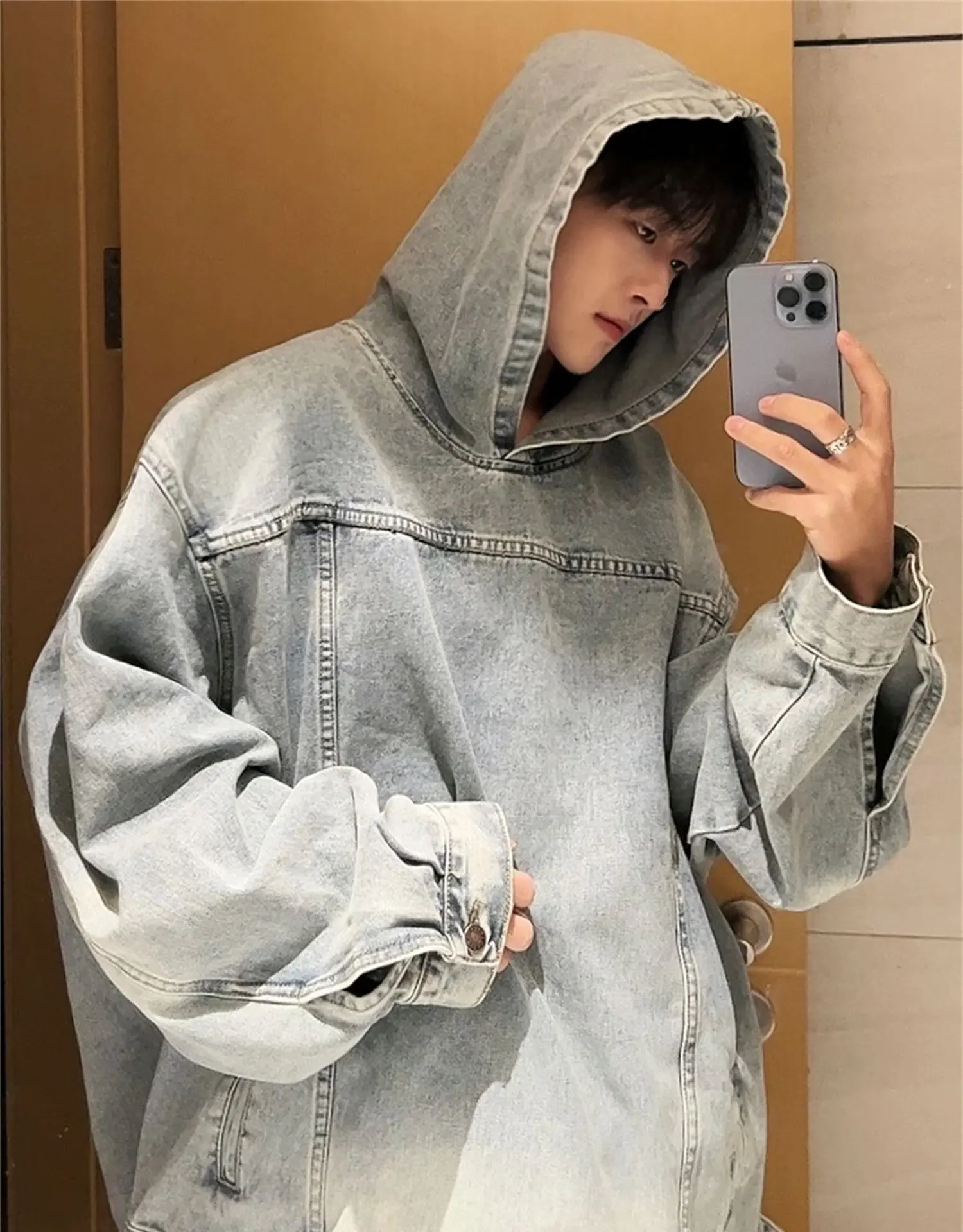 

Retro American Waed Denim Hoodie Jaet Autumn Winter ex Loose Fit Long Sve Youthful Trendy Design Casual Outerwear