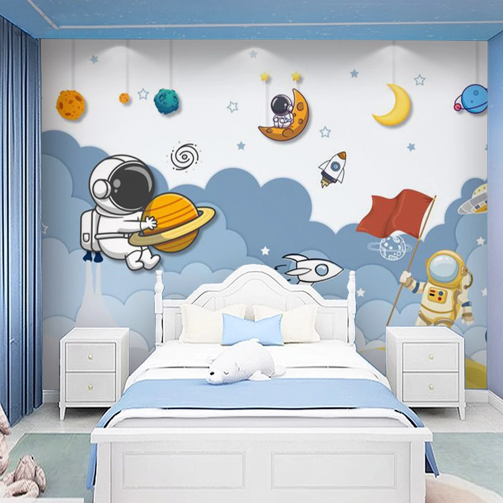 

custom Space Astronaut Wallpaper for Boys Girls' Bedroom Fresco Cartoon wall paper Children's Room Starry Sky Background sticker