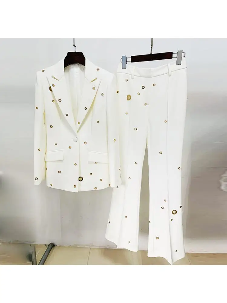 

2025 Spring And Summer Fashion Metal Hole One Button Elegant Suit Jacket + Trousers Pants Sets For Women 2 Pieces