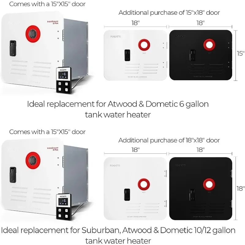 FOGATTI RV Tankless Water Heater, InstaShower 8 Plus, Gen 2, with 15 x 15 inches White Door and Remote Controller, DC 12V