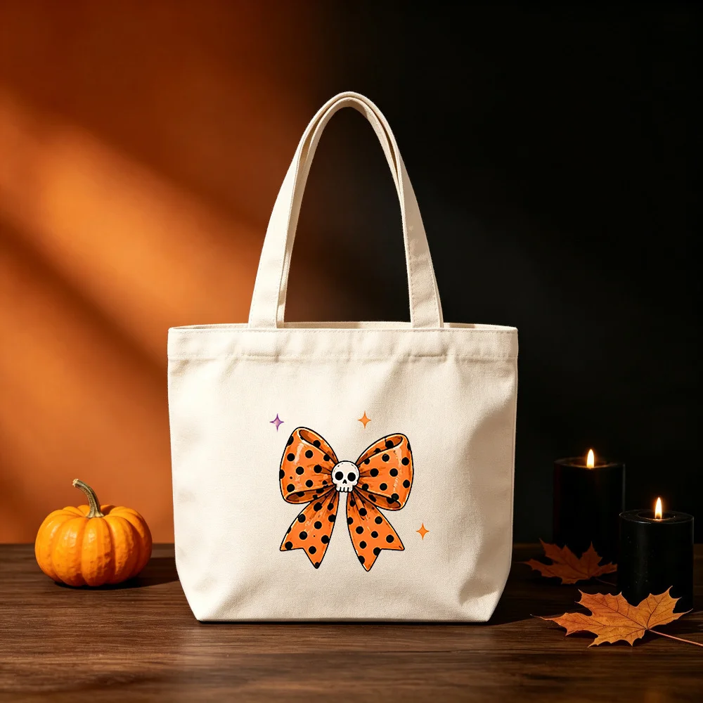 Halloween Orange Polka Dot Bow Skull Canvas Tote Bag, Spooky Coquette Shoulder Bag, Trick Or Treat Reusable Shopping Bag Gift.