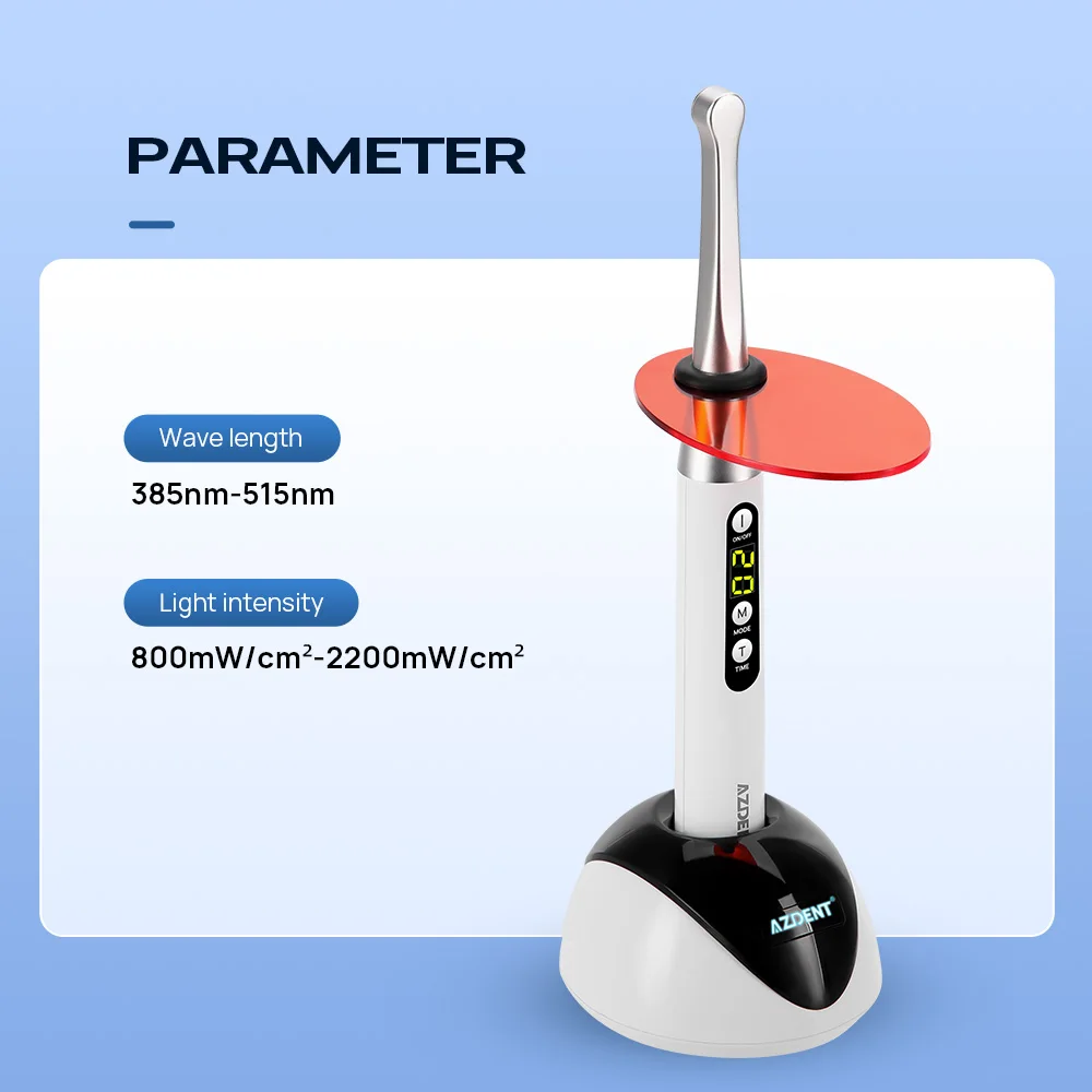 Światło utwardzające stomatologiczne LED AZDENT 1 s utwardzanie 3 tryby intensywności 2200mW/cm² szerokie spektrum 10W niebieskie lampa LED do