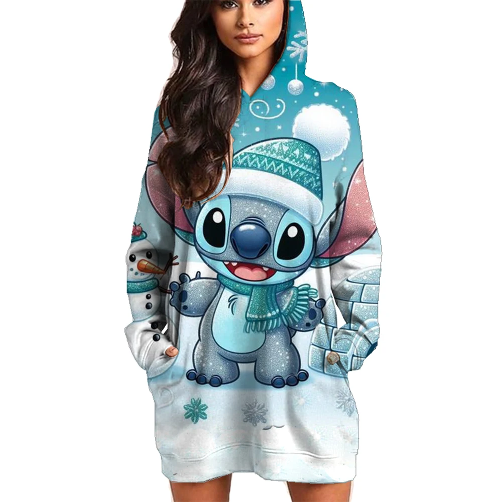 Ladies Sweater Christmas Printing Disney Stitch Round Neck Long Sleeve Hooded Sweater Dress Simple Fashion Ladies Clothing New