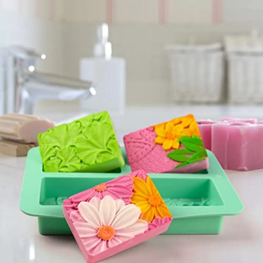 2 Pack Silicone Soap Molds, Rectangle Soap Making Mold, 3D Rectangular Flower Pattern Silicone Molds for Handmade Soap, Bath Bo