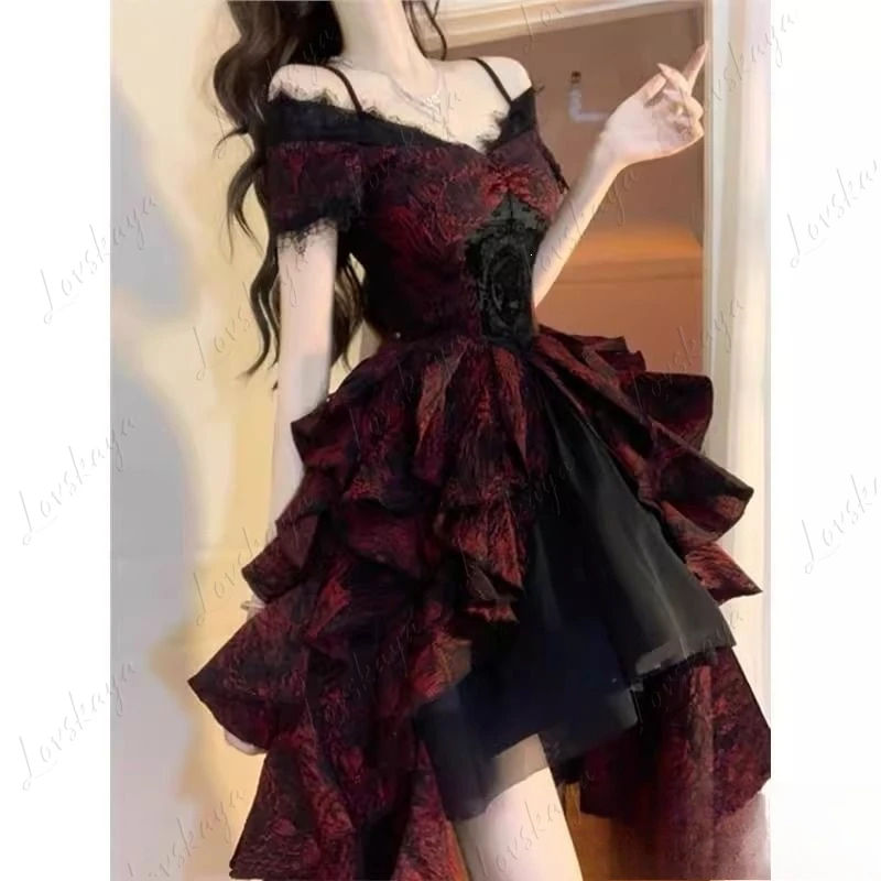 

New French Black and Red Jacquard Wave Dress Lolita Light Luxury One-word Shoulder Fluffy Princess Dress Women