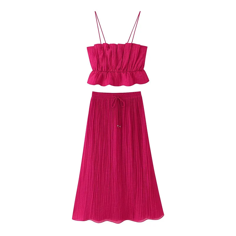 

Pleated Midi Skirts Two Piece Sets For Women 2025 New Chic Slip Short Top Suits Street Casual Summer Woman 2 Piece Outfits