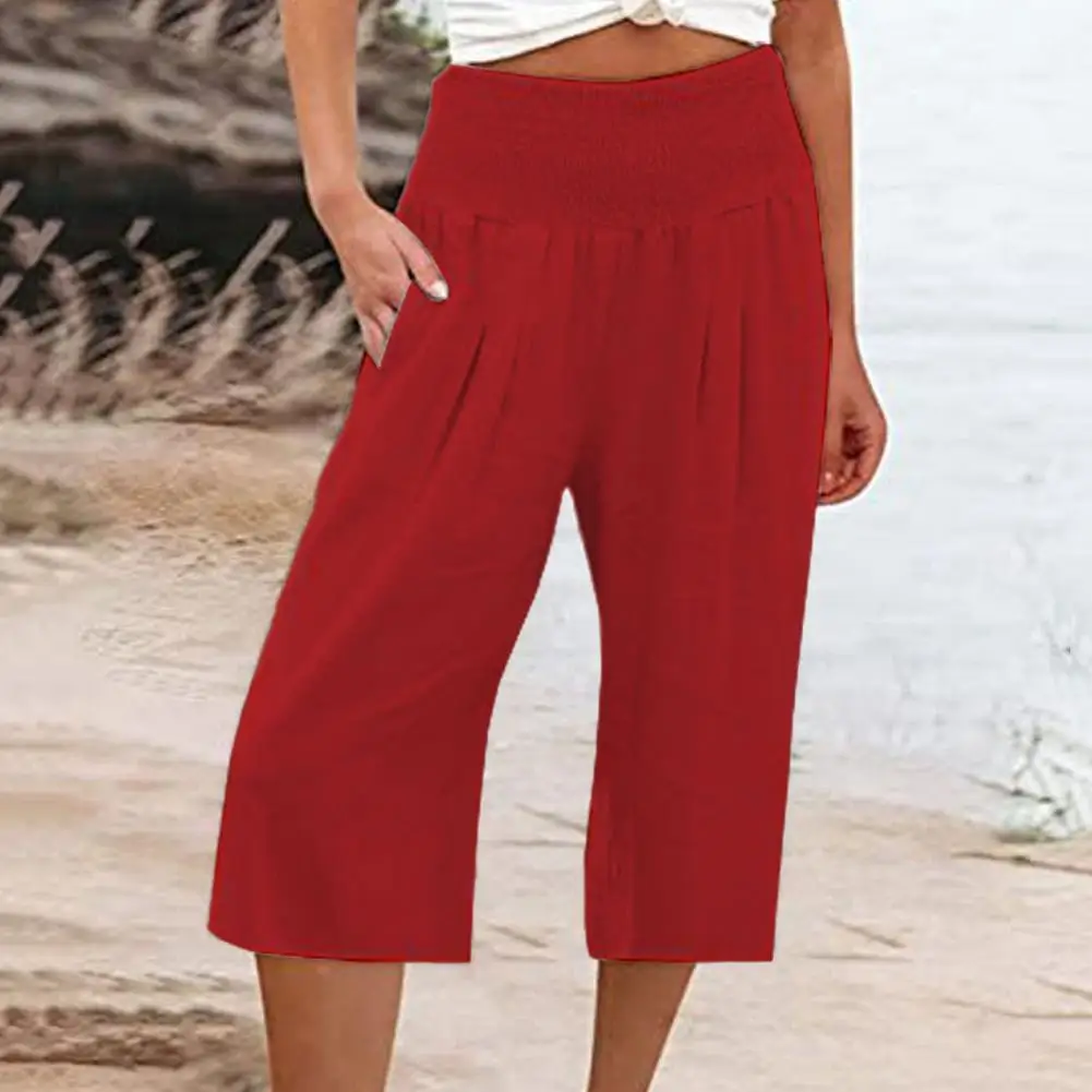 

Wide Leg Mid-calf Trousers Wide Leg Cropped Pants Stylish Elastic Waistband Trousers with Pockets for Women Lightweight High