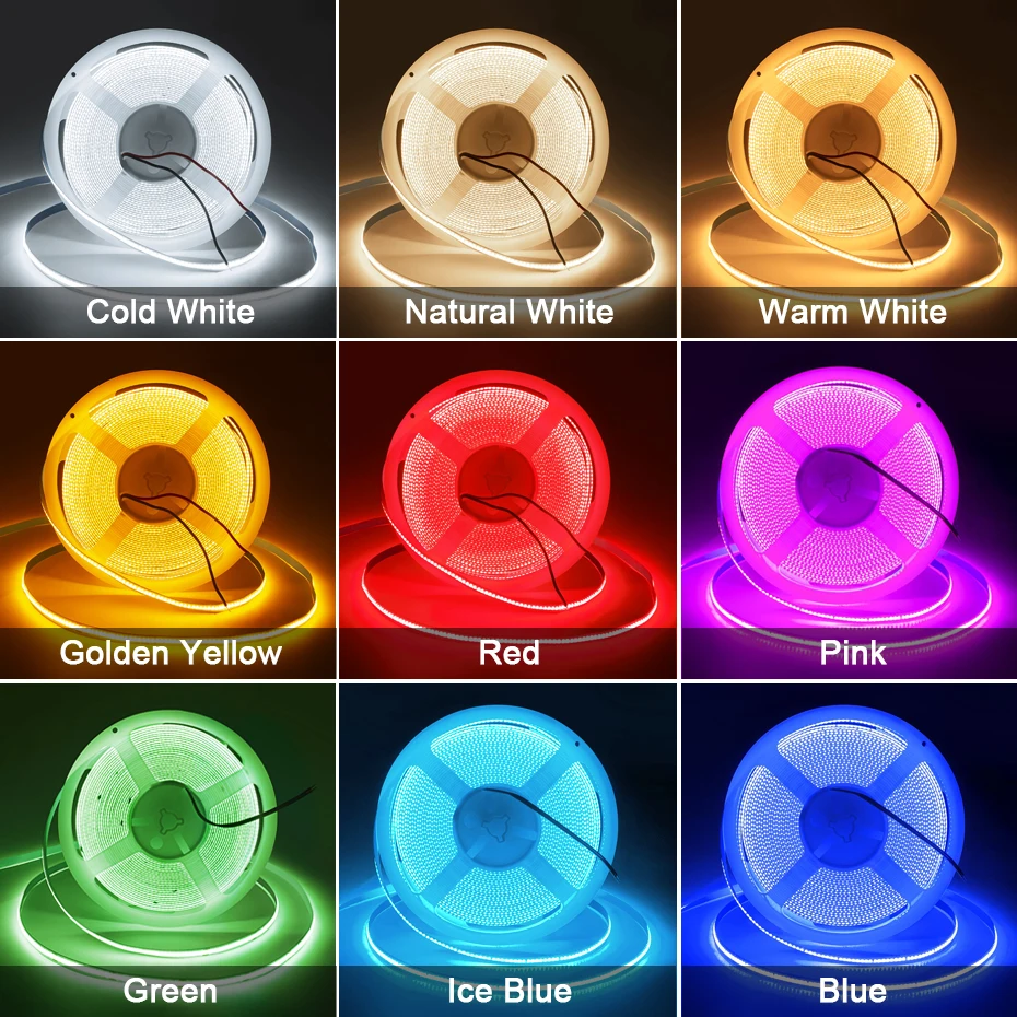 Bande lumineuse LED COB 24V, 320 diodes/M, Flexible, haute densité, 3000K-6500K, bleu glacé/rouge/vert/rose, pour la décoration de la chambre