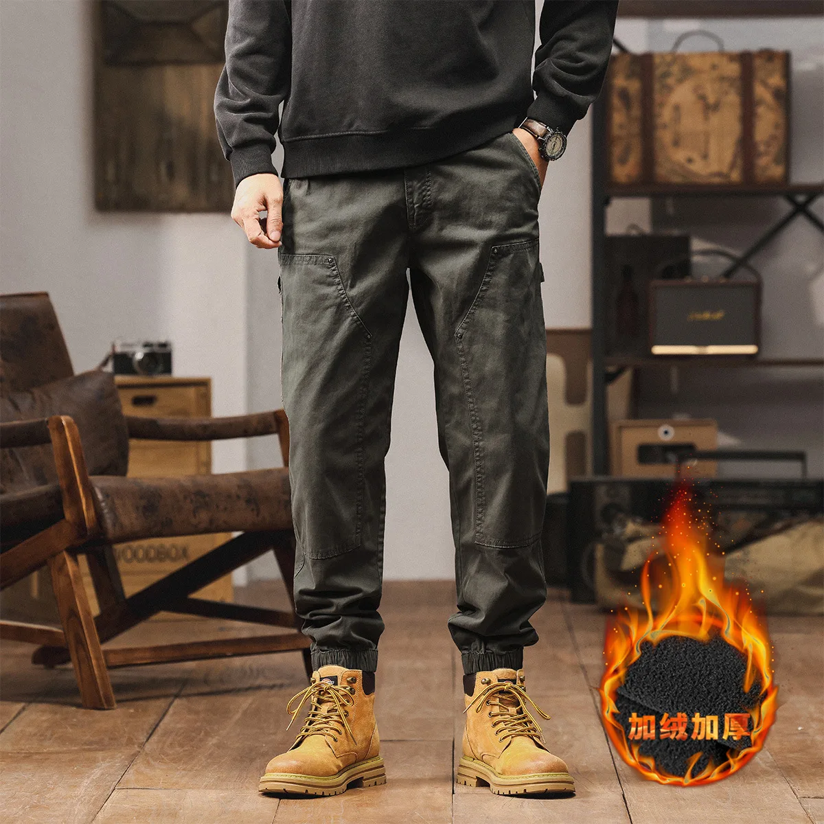 

2025 г., мужские однотонные утепленные повседневные модные свободные простые базовые брюки-карго в американском стиле, мужская нижняя одежда, брюки