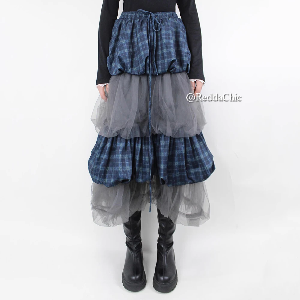 REDDACHiC Checkered Layered Tulle Cake Skirt Women Puffy Ruffle Elastic Waist Long Plaid Bubble Skirt 90s Retro Korean Clothes