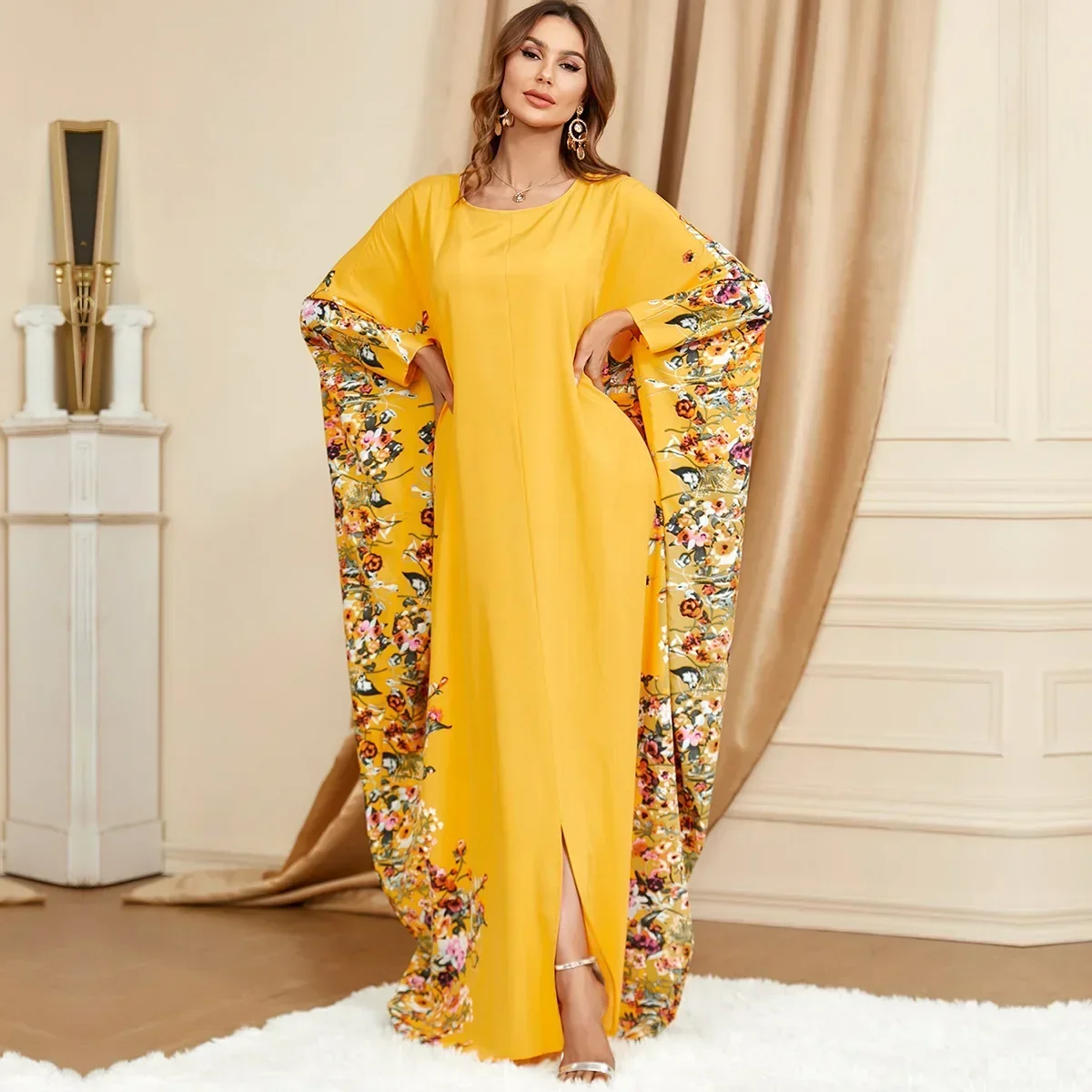 Dubai Yellow Bat Sleeve Loose Muslim Abaya Dress Fashion Plus Size Women Dress Casual Robe Moroccan Caftan Dresses for Women