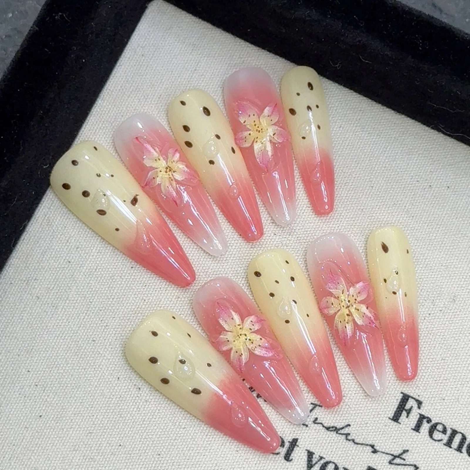 

10pcs Long Stiletto False Nails Handmade French Tips Press On Nails Pink Yellow Lily Flower Designs Manicure Summer Fake Nails