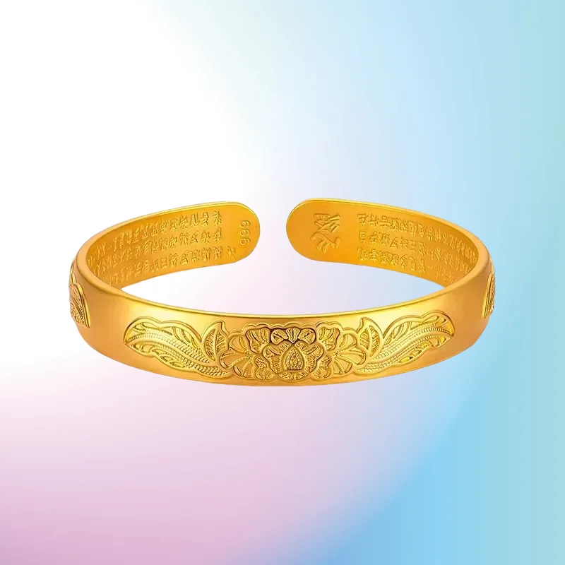 

NEW 9999 real gold 24K yellow gold Heart Sutra Bracelet Women's High-end Peony Bracelet