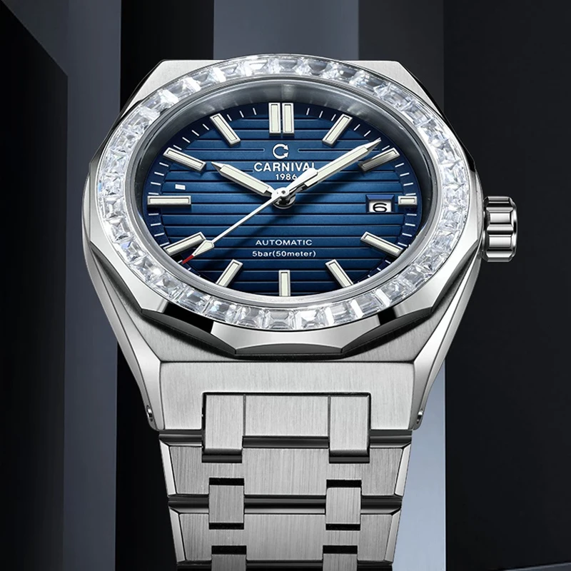 كرنفال العلامة التجارية الراقية المستوردة حركة ساعة ميكانيكية الرجال الفاخرة الياقوت 50 متر مقاوم للماء تاريخ الموضة التلقائي الرجال الساعات