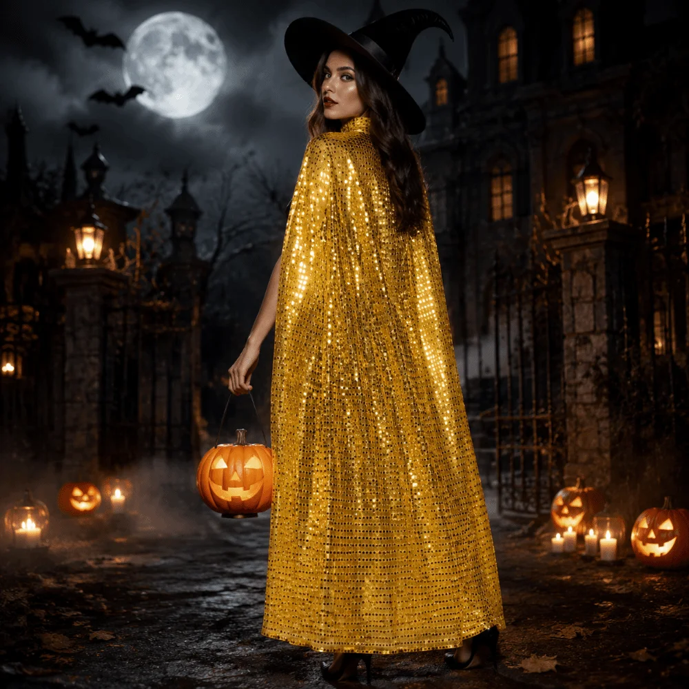 New Long Shiny Sequin Cape Fantasy Vintage Halloween Cosplay Robe Stand Collar Lightweight Shiny Cloak Women