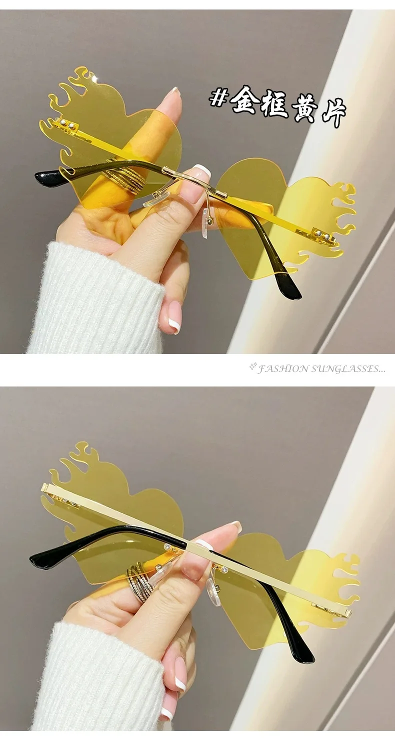 Neue Randlose Herz-Sonnenbrille mit Metallrahmen für Damen und Herren, Flammen-Sonnenbrillen für Frauen und Männer, Party- und Reisebrillen – Detail 15